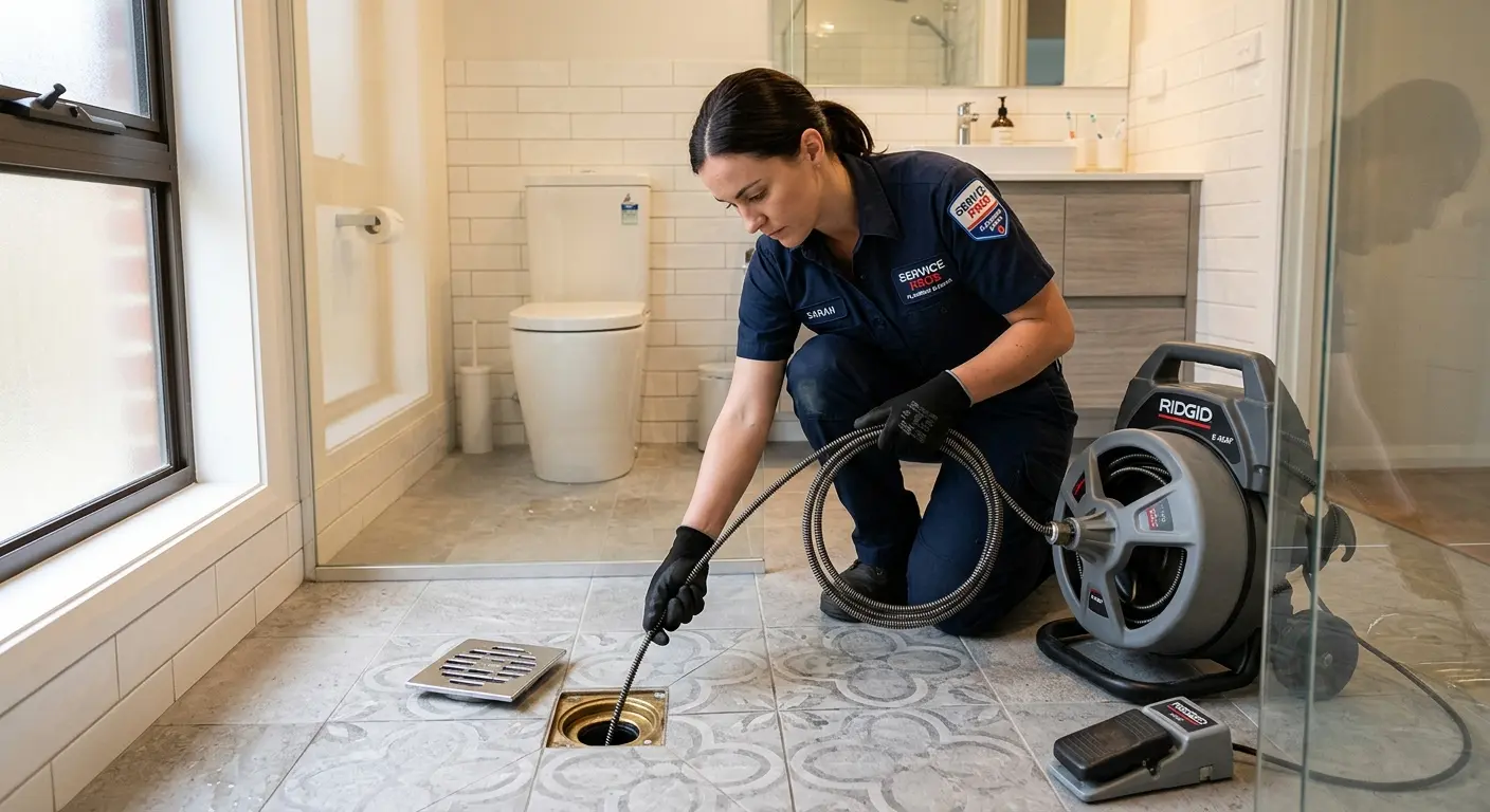 Technician clearing a bathroom floor drain for Drain Cleaning in Middlesborough